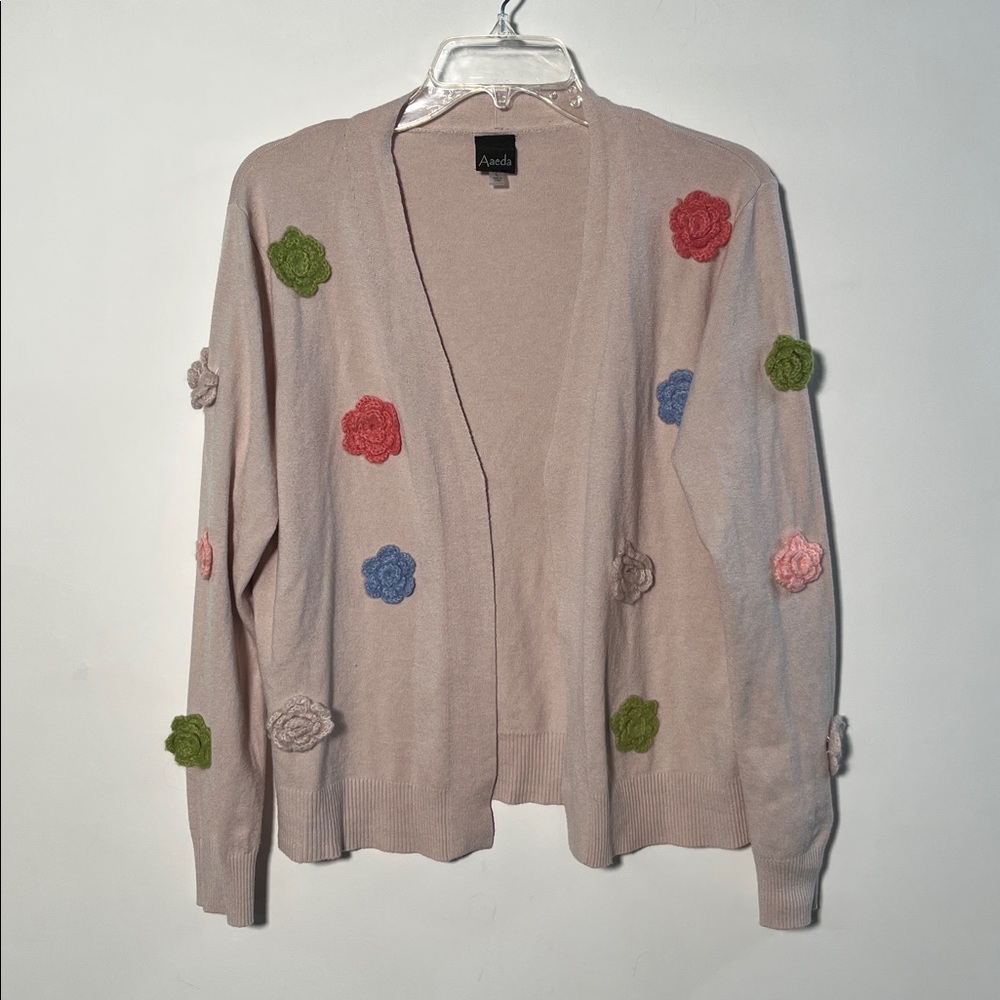 AAEDA Cottage Multi Color Crochet Flower Applique Open Front Lt Beige Cardigan L